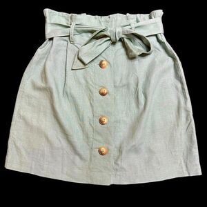 Topshop Pale Mint Green Linen Paper Bag Button up Mini Skirt US Size 2